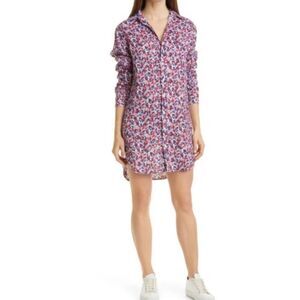 Frank & Eileen Mary Floral Print Long Sleeve Linen Shirtdress Red Blue Small